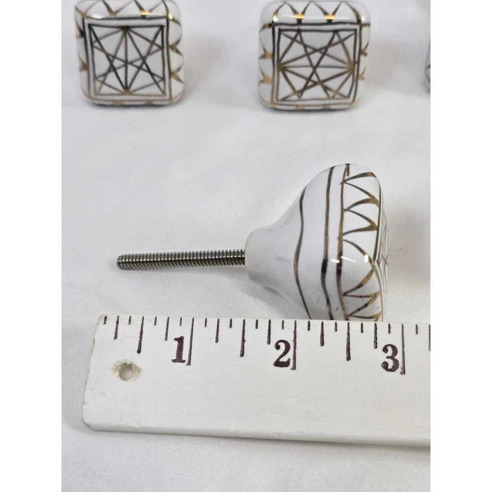 Lot of 6 White Ceramic Drawer Knobs Gold Geometric Lines Square Shape 1.5